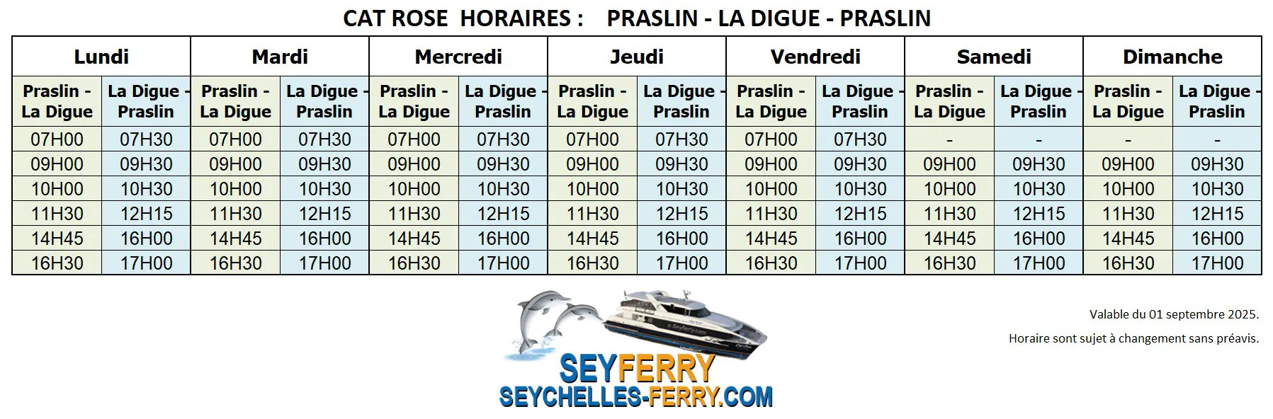 Seychelles ferry horaires Praslin - La Digue - Praslin